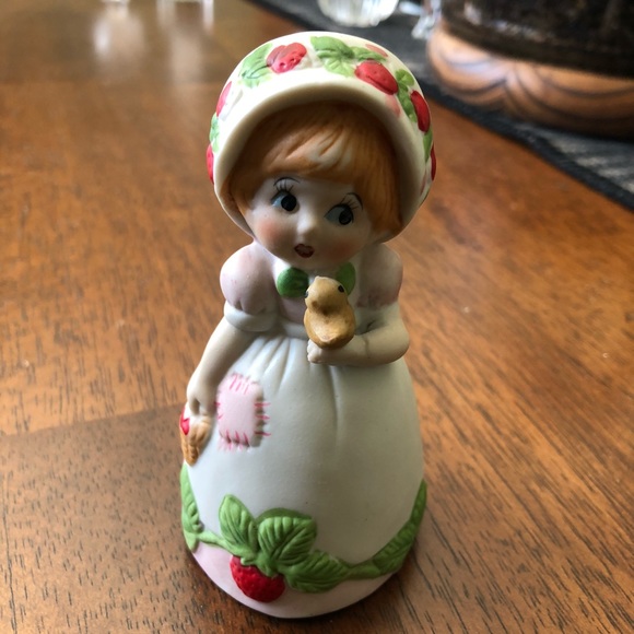Vintage Jansco strawberry patches girl bell with bird and bunny